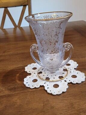 Vintage Fostoria Etched Glass Two-Handled Vase with Gold Trim Midnight Rose
